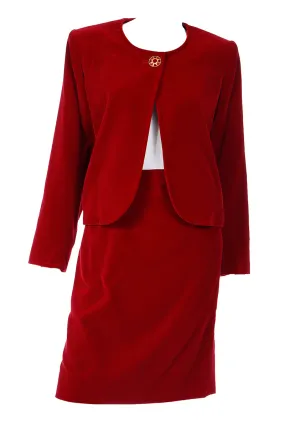 1990s Yves Saint Laurent Red Velvet Skirt Suit w Open Jacket