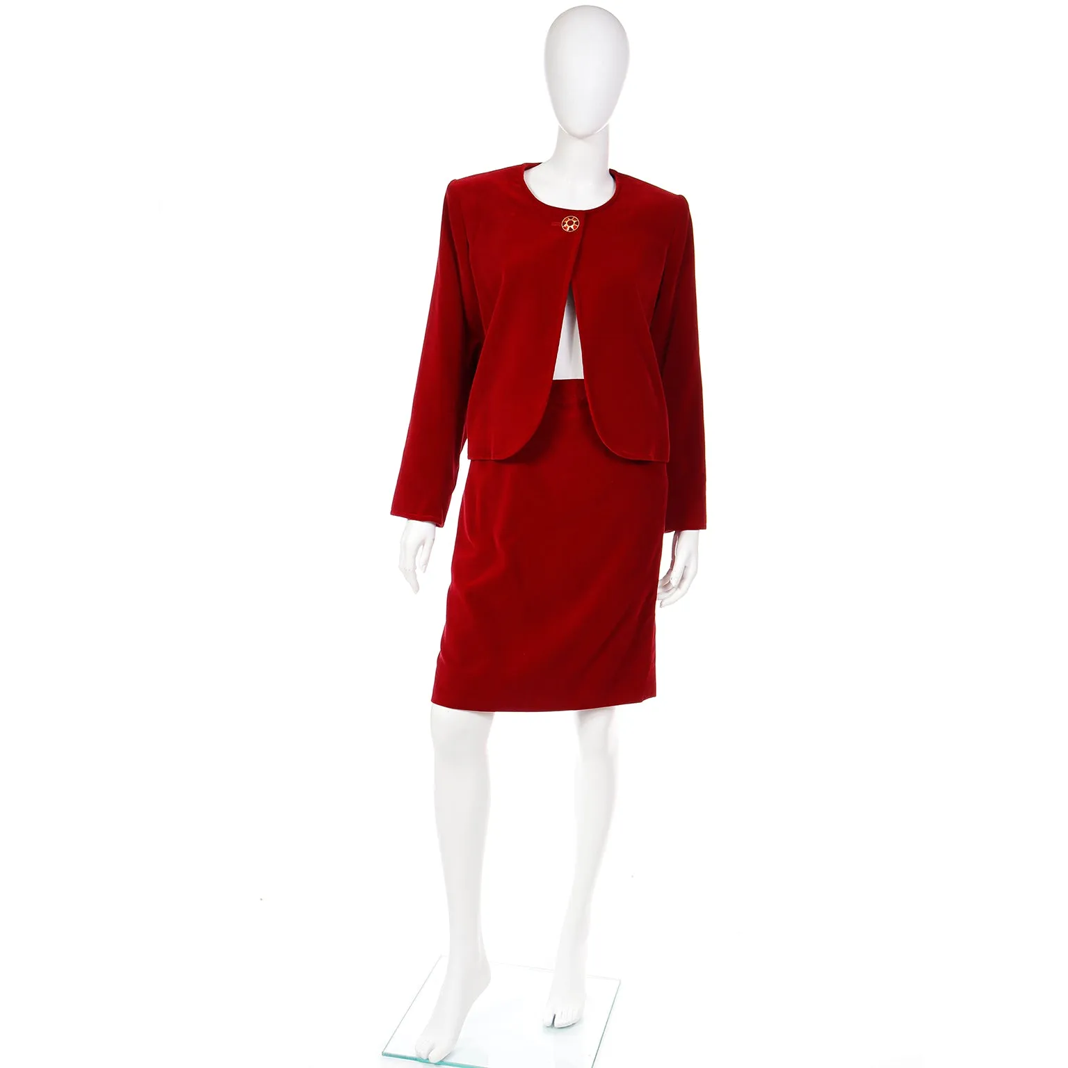 1990s Yves Saint Laurent Red Velvet Skirt Suit w Open Jacket