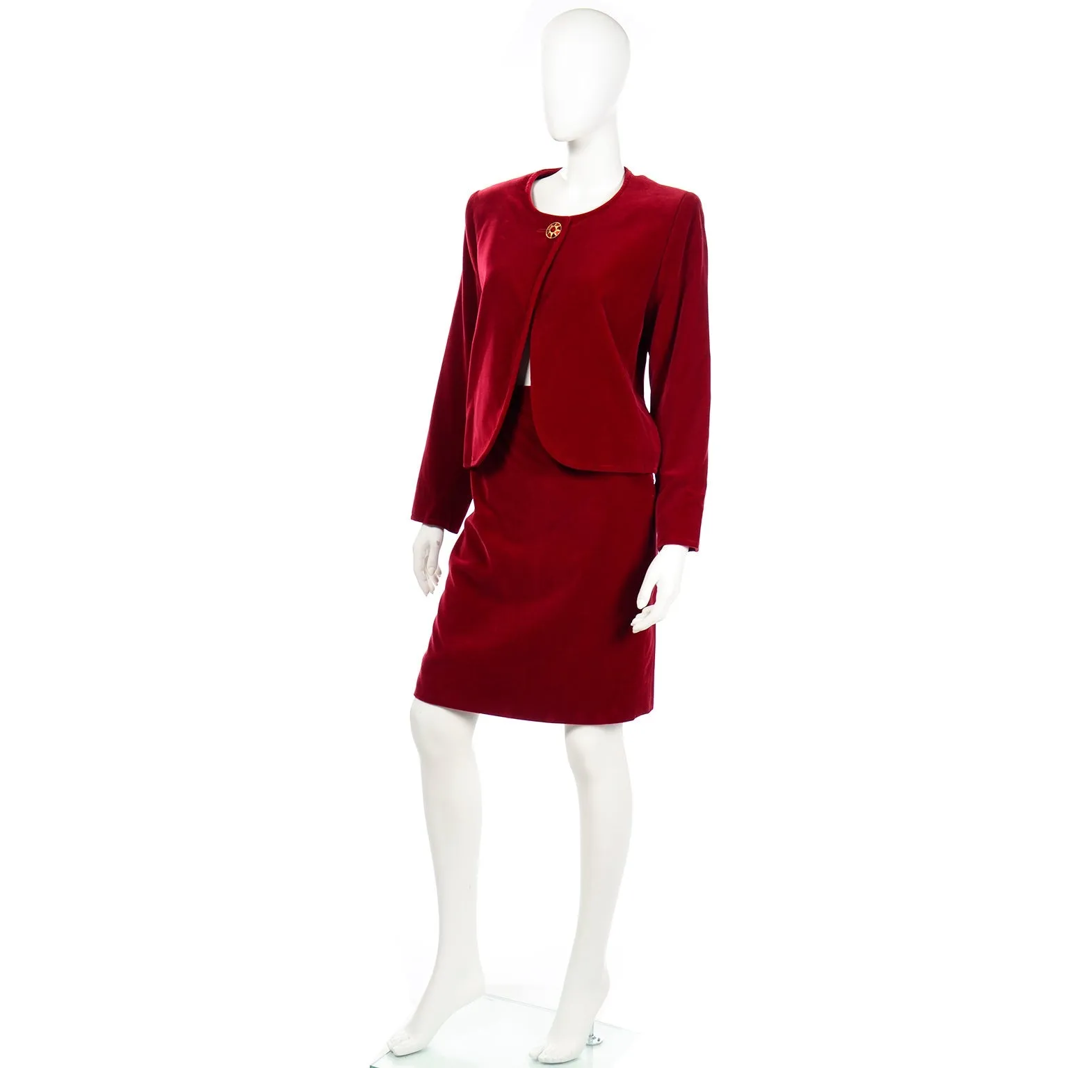 1990s Yves Saint Laurent Red Velvet Skirt Suit w Open Jacket