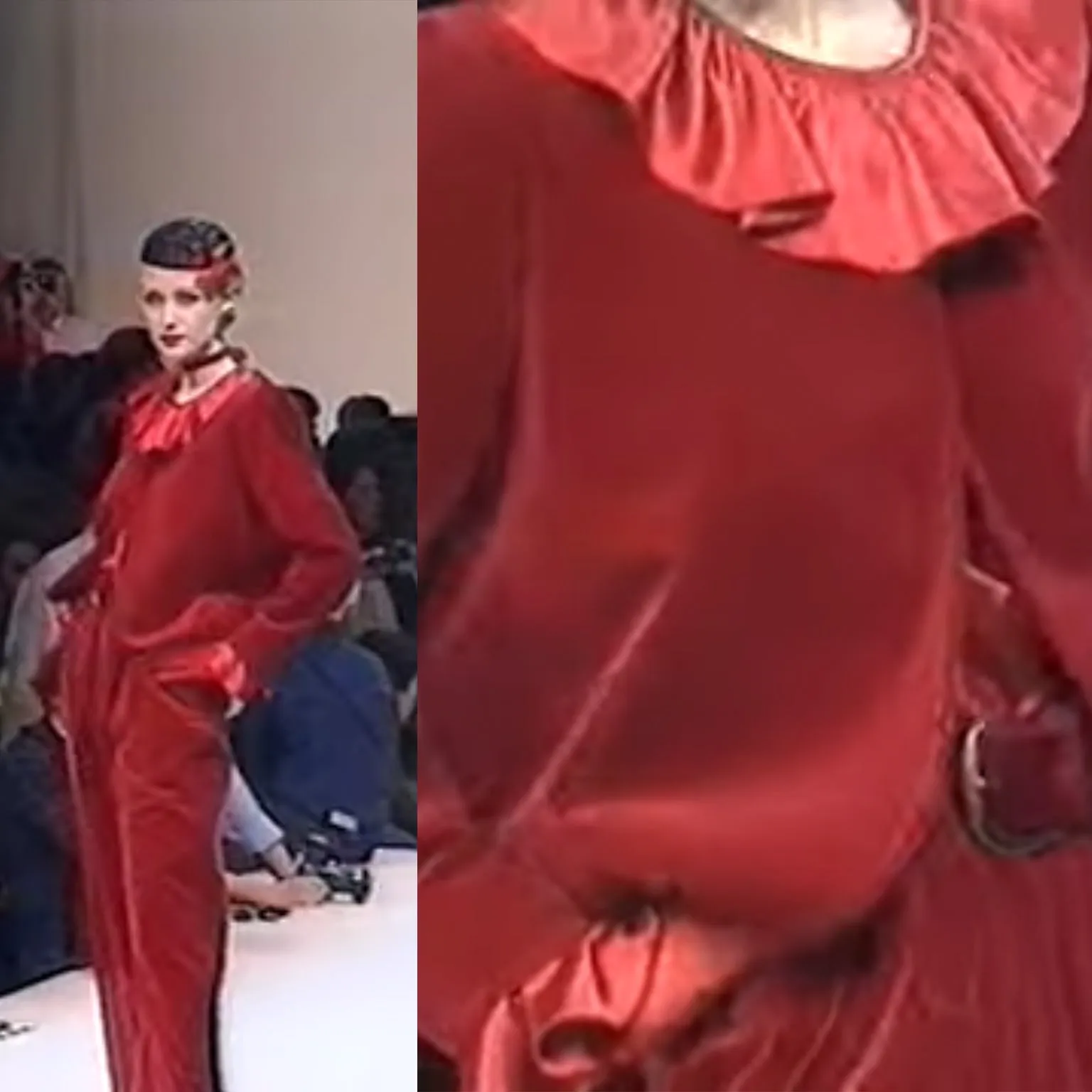 1990s Yves Saint Laurent Red Velvet Skirt Suit w Open Jacket