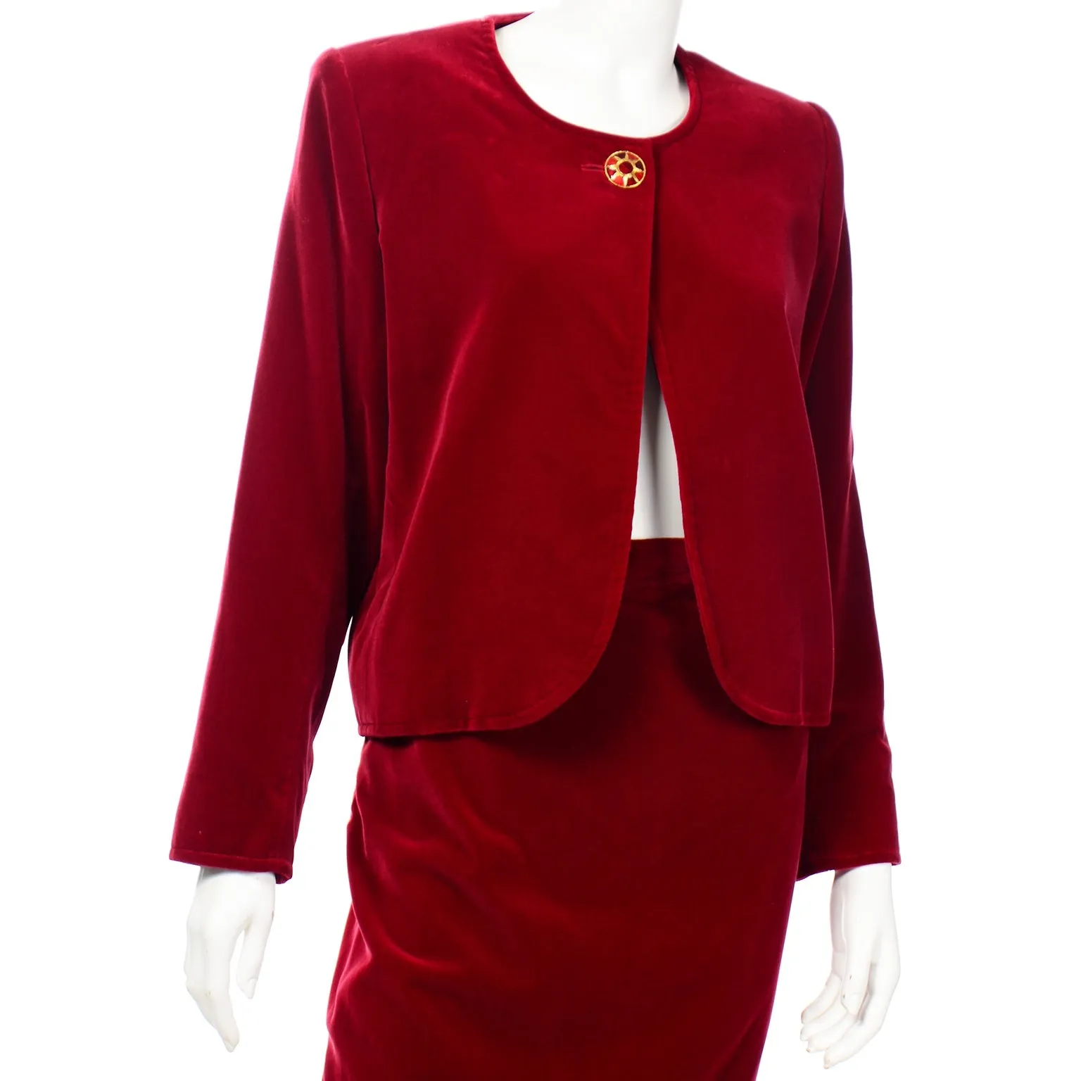 1990s Yves Saint Laurent Red Velvet Skirt Suit w Open Jacket