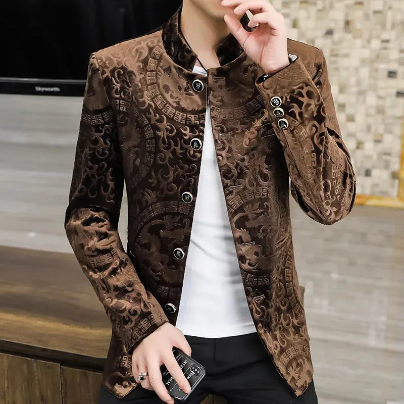 Aidase Luxury Velvet Standing Collar Suit Jacket for Men Autumn Winter Chinese Style Blazers Slim Fit Casual Business Blazer Masculino