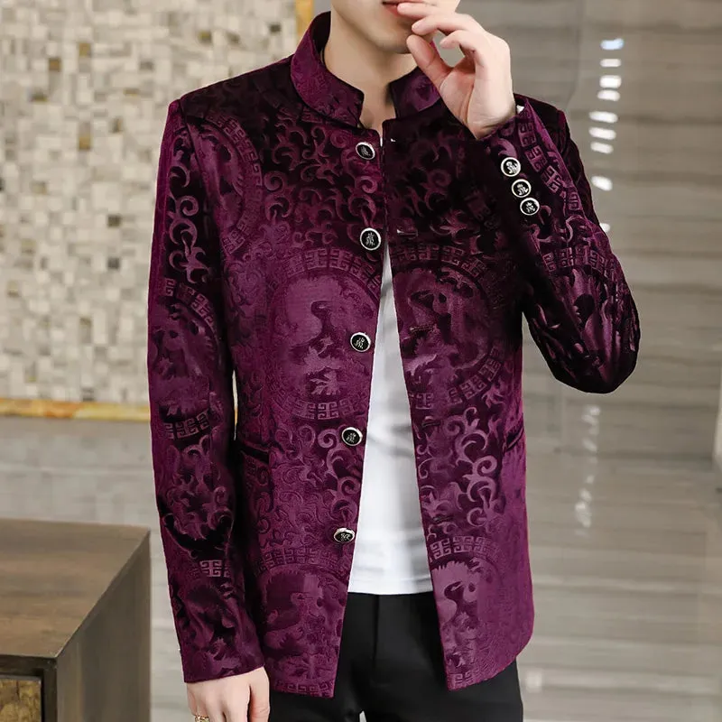 Aidase Luxury Velvet Standing Collar Suit Jacket for Men Autumn Winter Chinese Style Blazers Slim Fit Casual Business Blazer Masculino