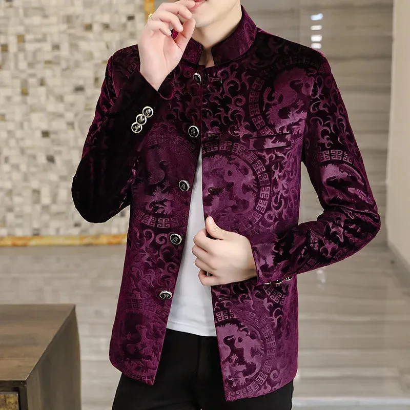 Aidase Luxury Velvet Standing Collar Suit Jacket for Men Autumn Winter Chinese Style Blazers Slim Fit Casual Business Blazer Masculino