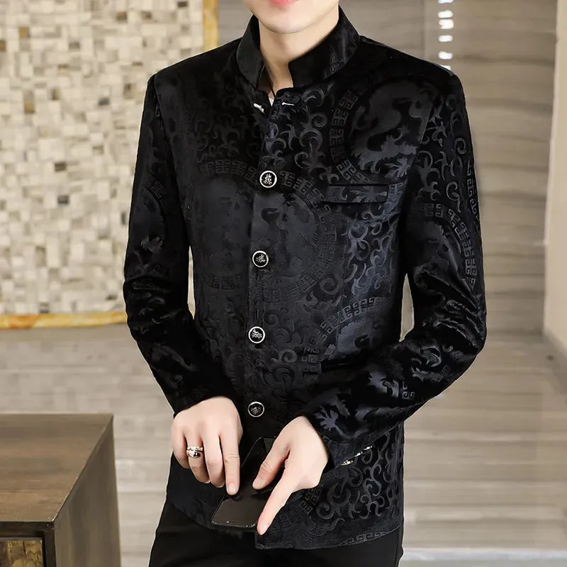 Aidase Luxury Velvet Standing Collar Suit Jacket for Men Autumn Winter Chinese Style Blazers Slim Fit Casual Business Blazer Masculino