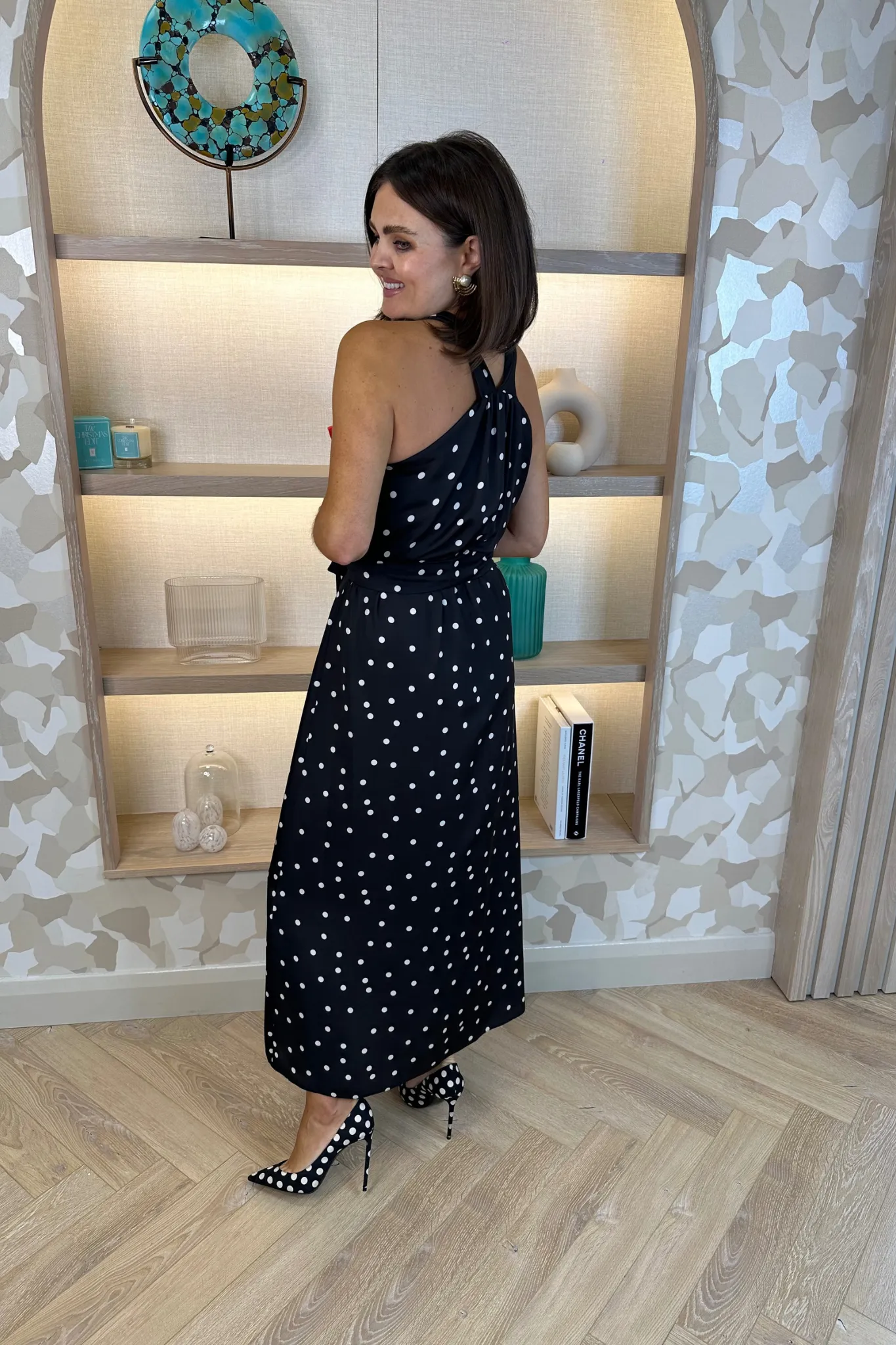 Alana Spotted Halter Neck Dress In Black