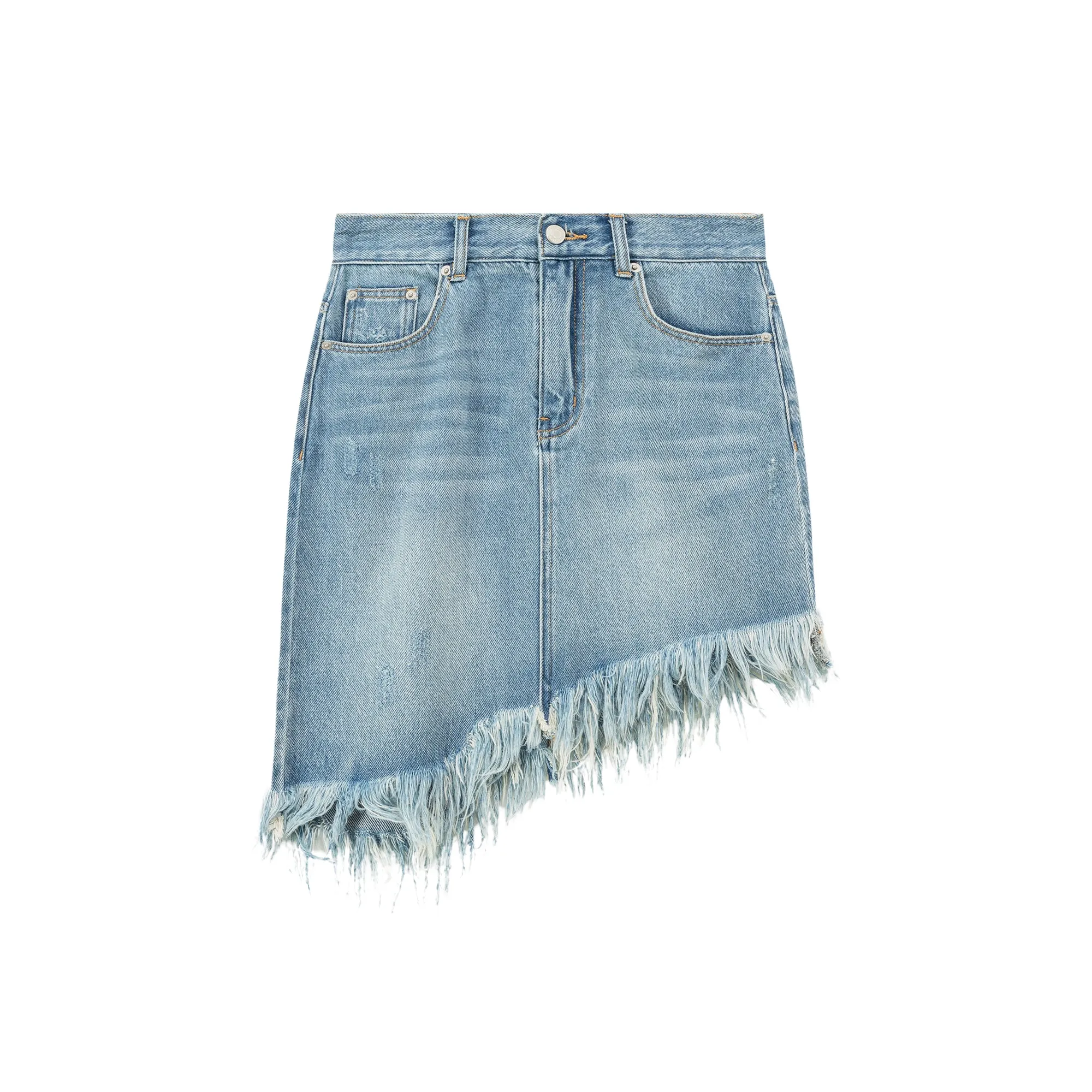 Asymmetrical Fringed Denim Skirt