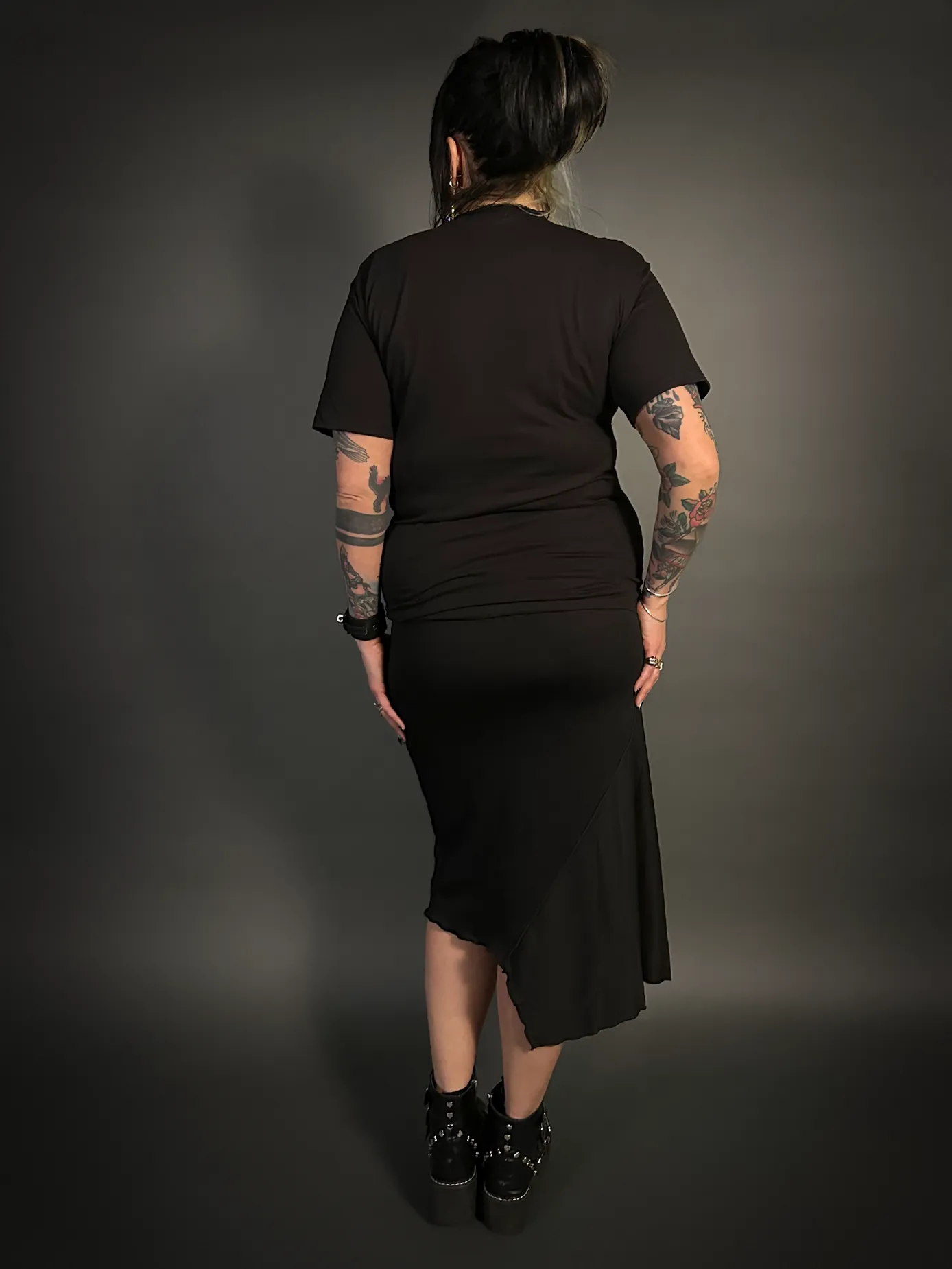 Asymmetrical Stretch Midi Skirt in Black - Punk / Goth Style