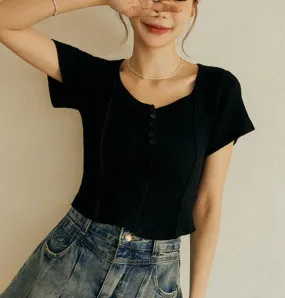 Basic Solid Ribbed Cotton Button T-Shirt Top