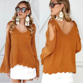 Bear Shoulder V-neck Solid Color Long Trumpet Sweater