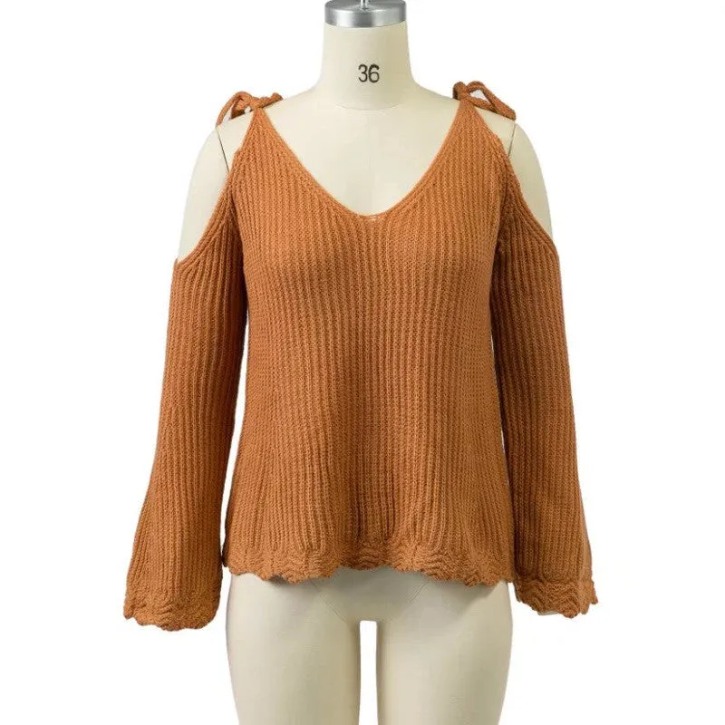 Bear Shoulder V-neck Solid Color Long Trumpet Sweater