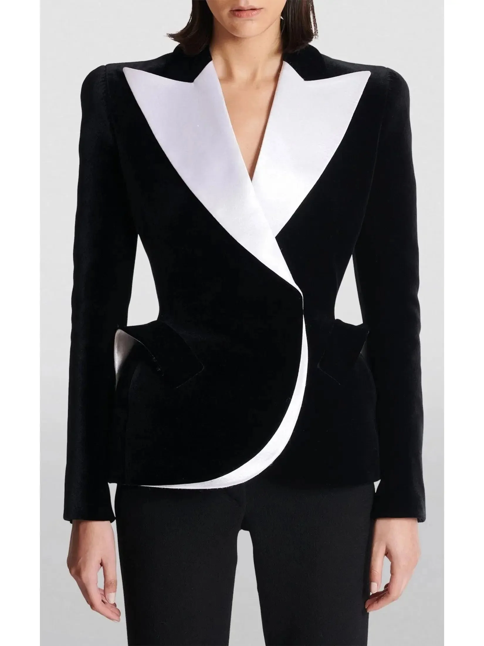 Black and White Velvet Structured Tuxedo Jacket