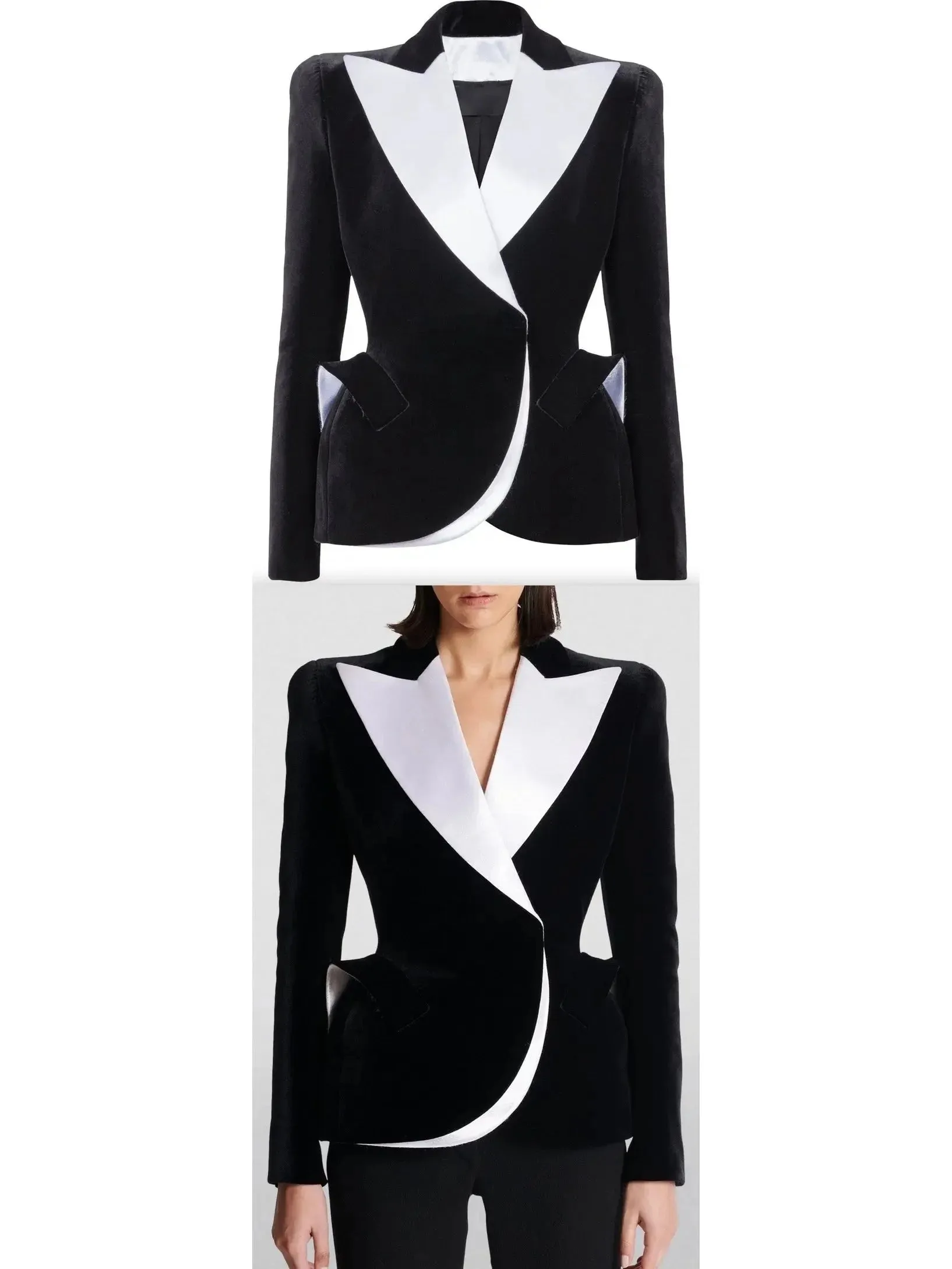 Black and White Velvet Structured Tuxedo Jacket