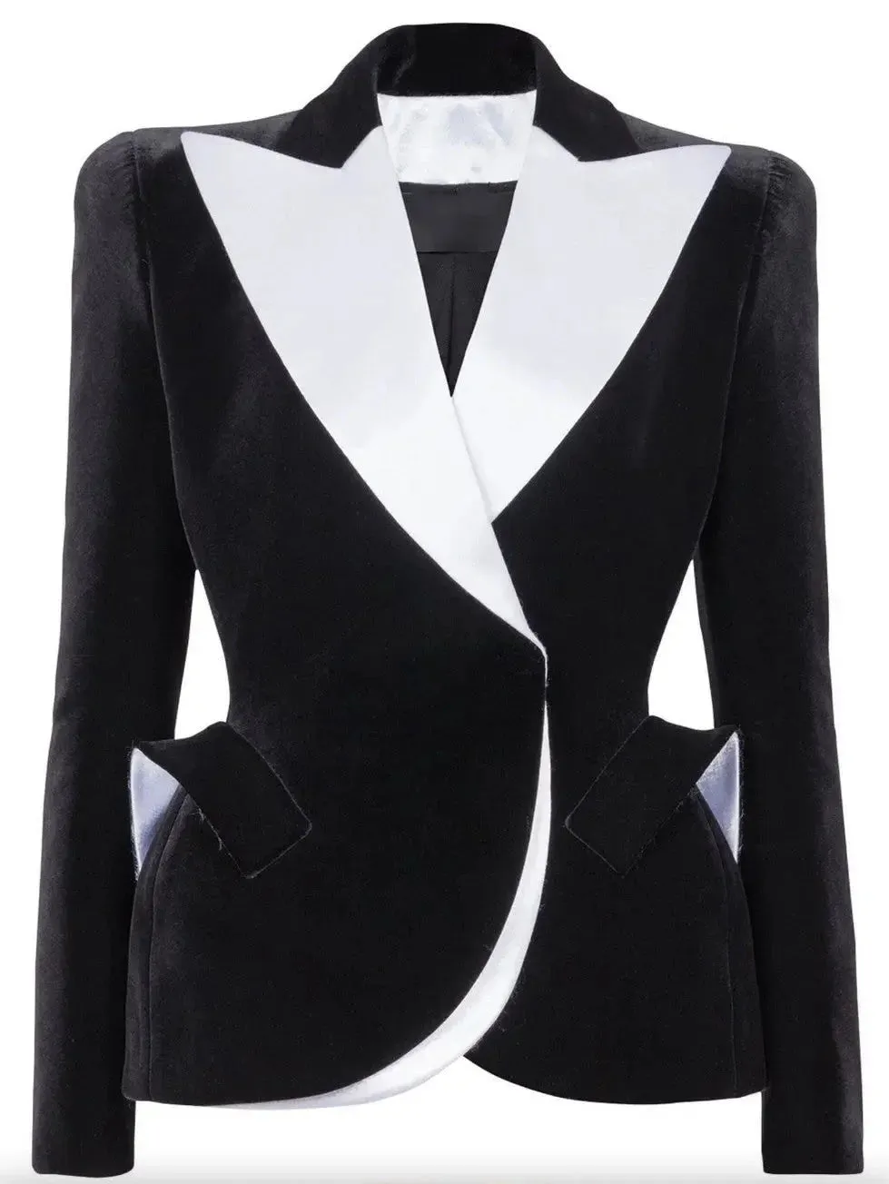 Black and White Velvet Structured Tuxedo Jacket