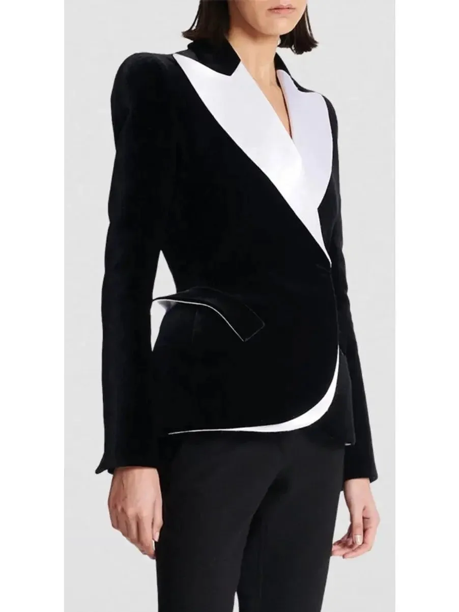 Black and White Velvet Structured Tuxedo Jacket