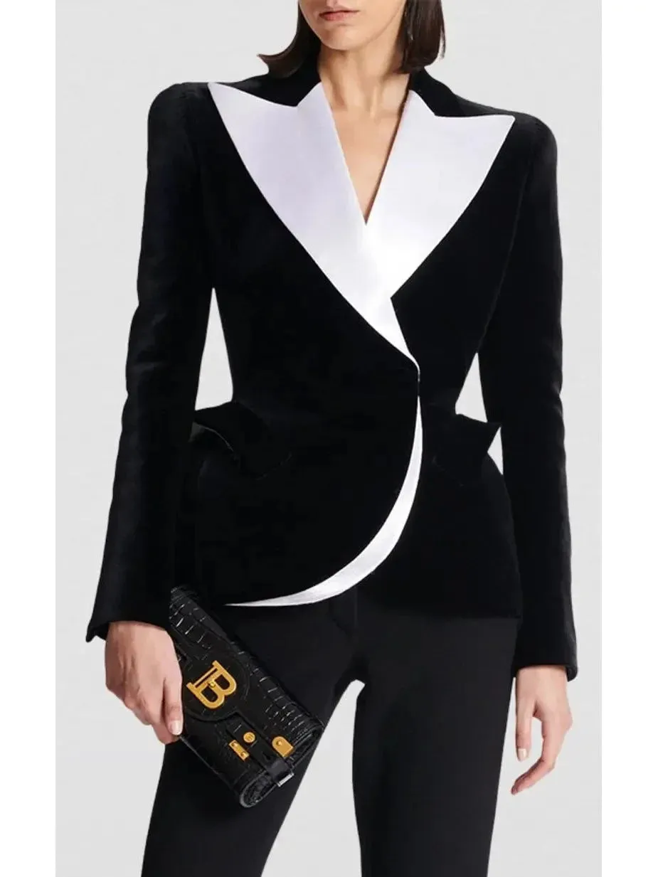 Black and White Velvet Structured Tuxedo Jacket