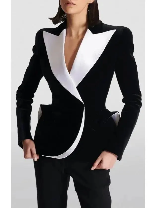 Black and White Velvet Structured Tuxedo Jacket