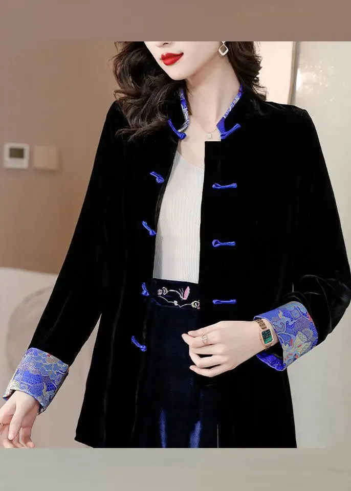 Black Print Button Silk Velour Coats