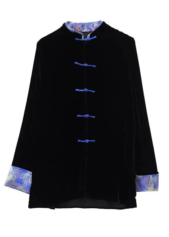 Black Print Button Silk Velour Coats