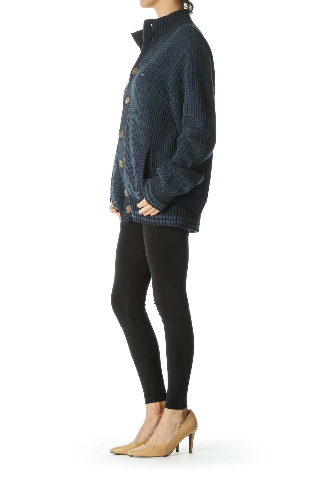 Blue and Navy Rib-Knit High Neck Sweater