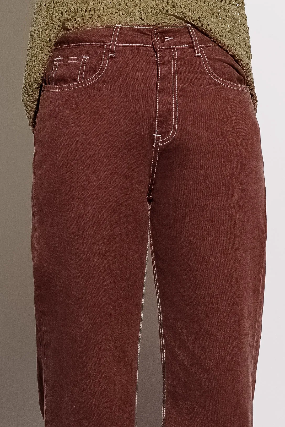 Brown Contrast Stitch Wide Jeans