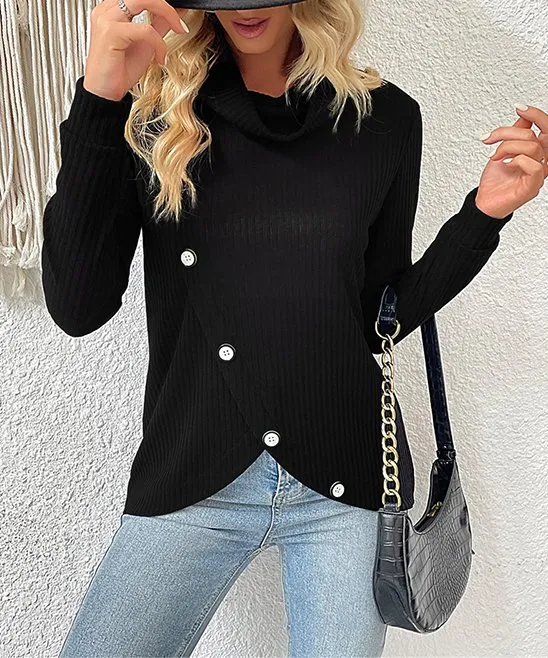 Chic Knitted Sweater - Women's Asymmetrical Turtleneck Top