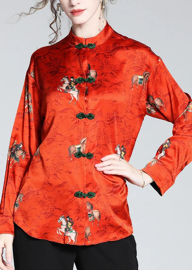 Chinese Style Red Stand Collar Print Button Silk Coats Spring LY1041