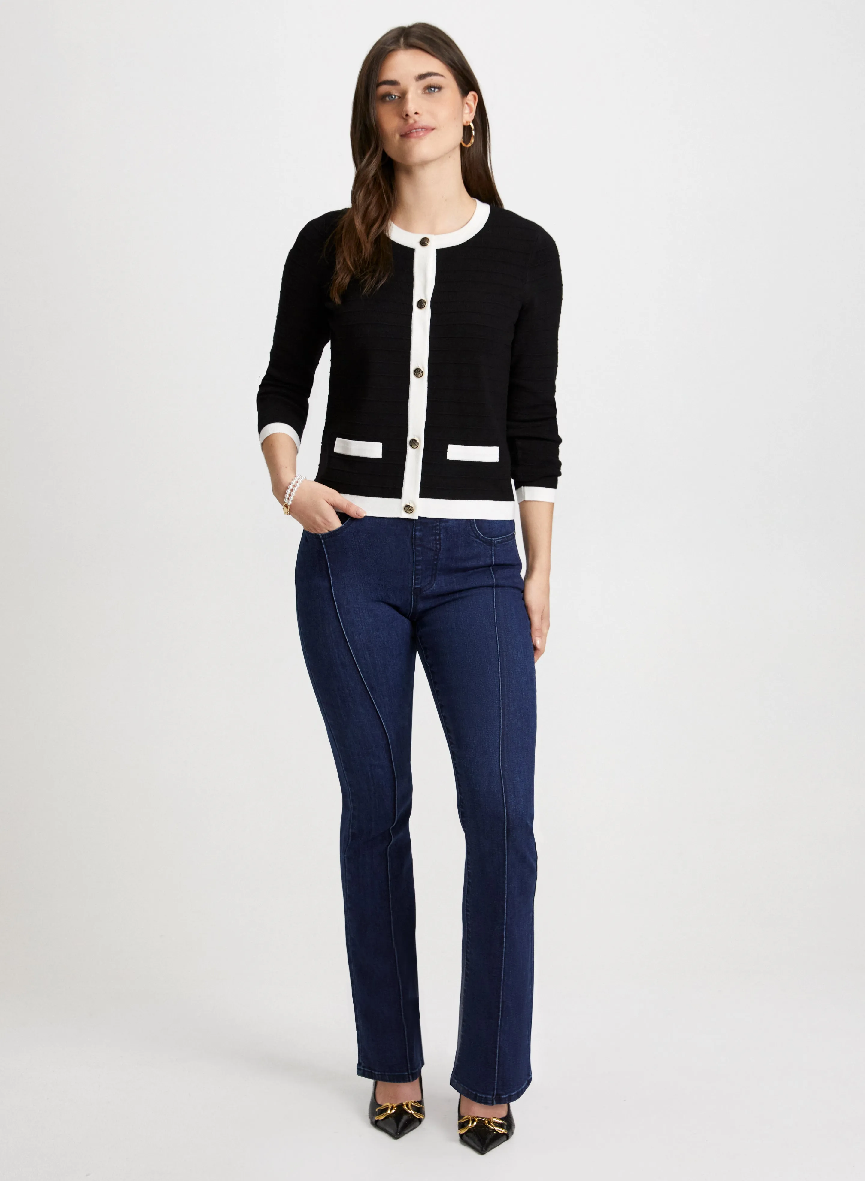 Contrast Trim Cardigan & Bootcut Jeans