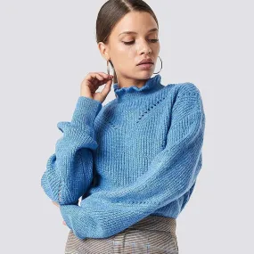 Cozy Blue Ruffle Trim High Neck Long Sleeve Pointelle Knit Sweater