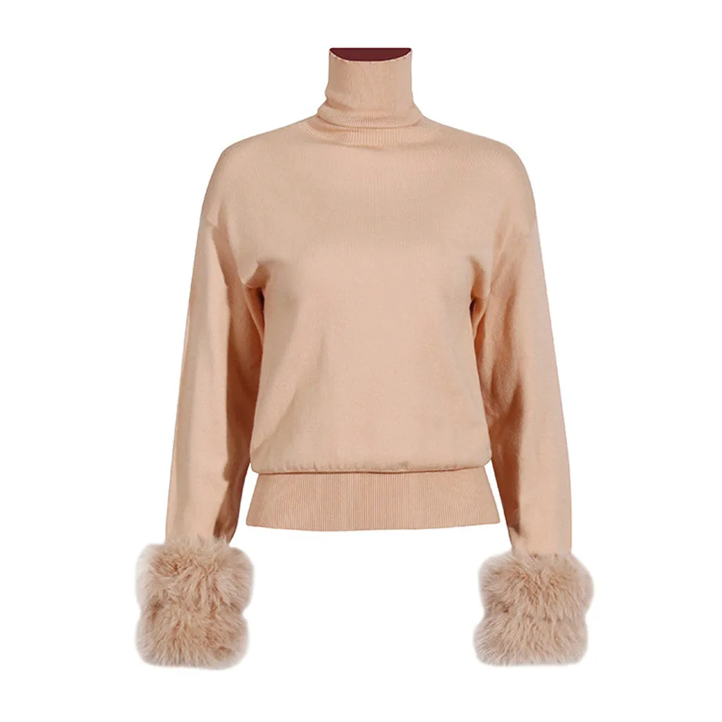 Cozy Turtleneck Faux Fur Trim Long Sleeve Ribbed Knit Pullover Sweater