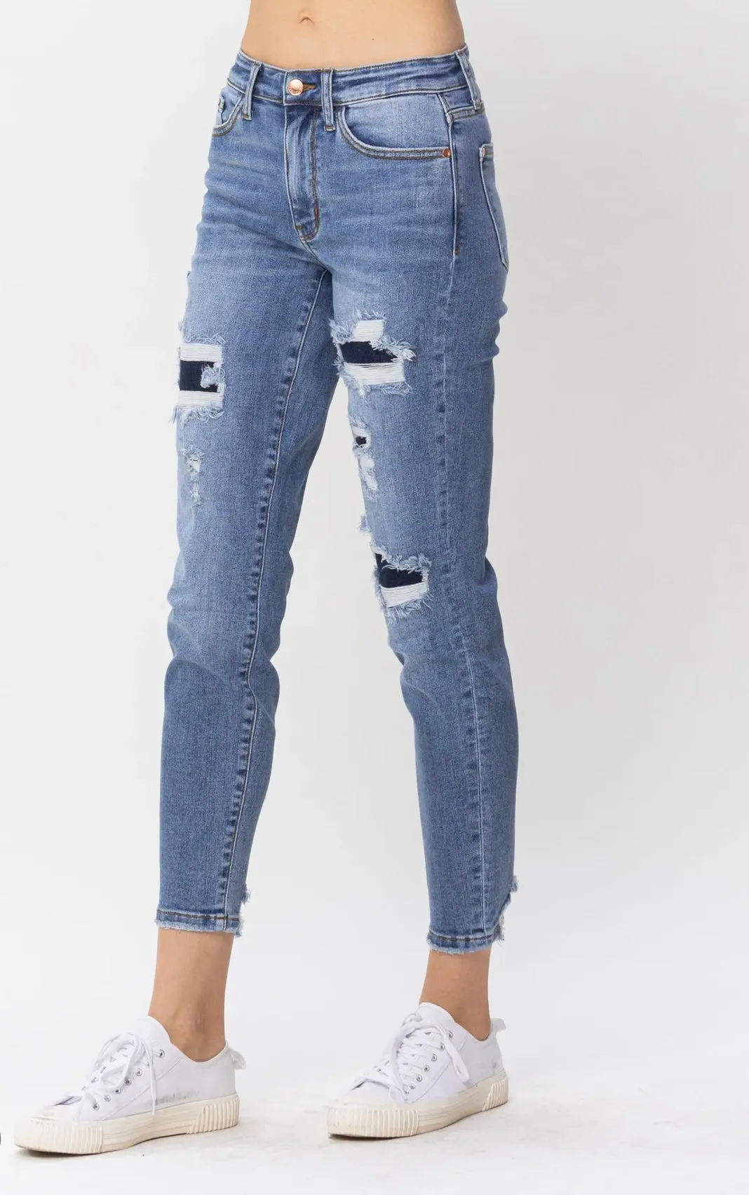 CURVY JB MID RISE NAVY BLUE PATCHED DESTROY RELAXED JEANS