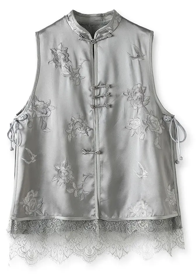 DIY Grey Embroideried Lace Patchwork Button Silk Coats Sleeveless ML1418