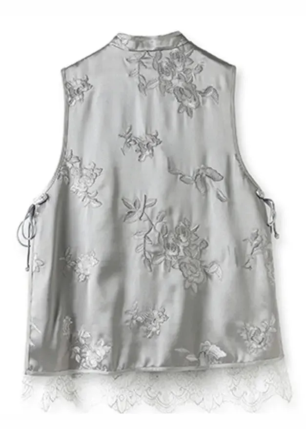 DIY Grey Embroideried Lace Patchwork Button Silk Coats Sleeveless ML1418