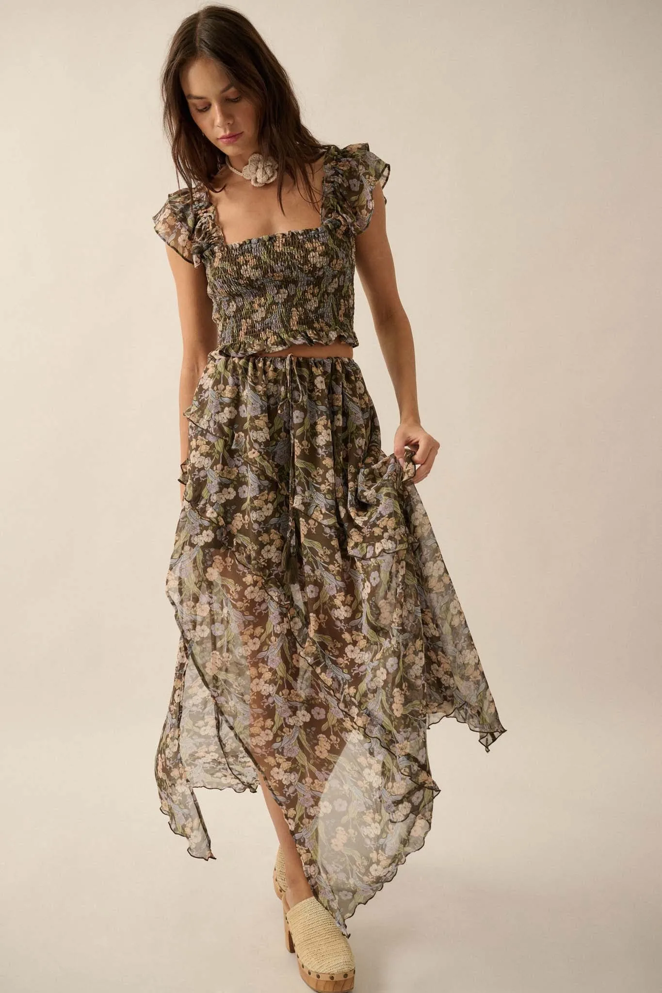 Enduring Beauty Asymmetrical Floral Ruffle Skirt