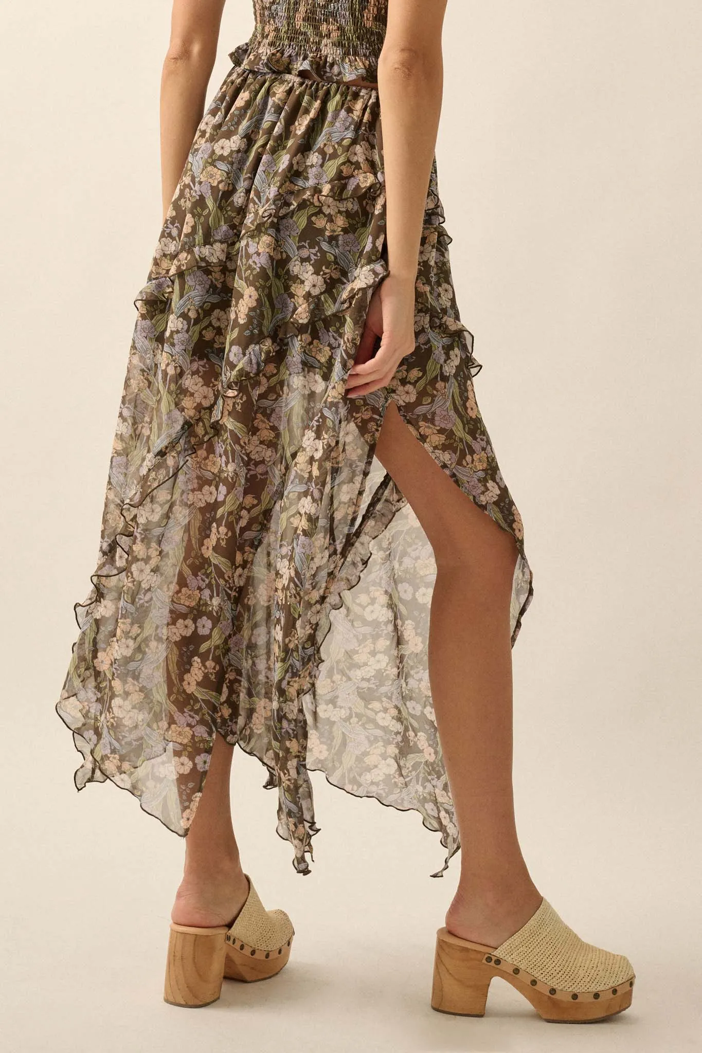 Enduring Beauty Asymmetrical Floral Ruffle Skirt