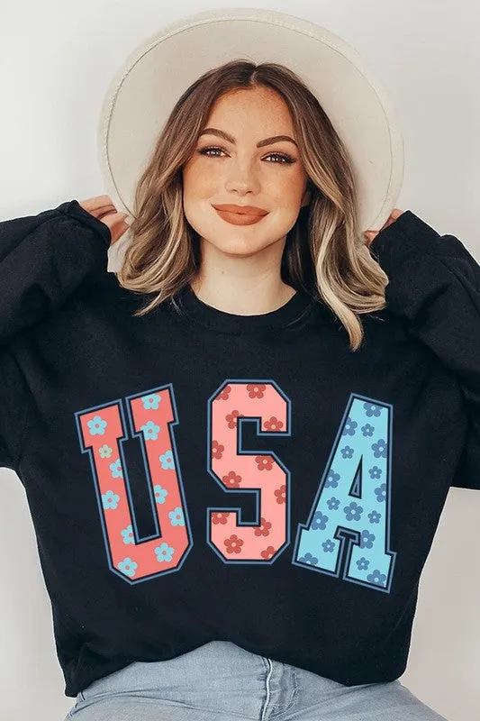 Floral USA Oversized Graphic Fleece Sweatshirts