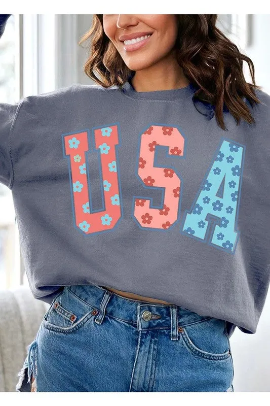 Floral USA Oversized Graphic Fleece Sweatshirts