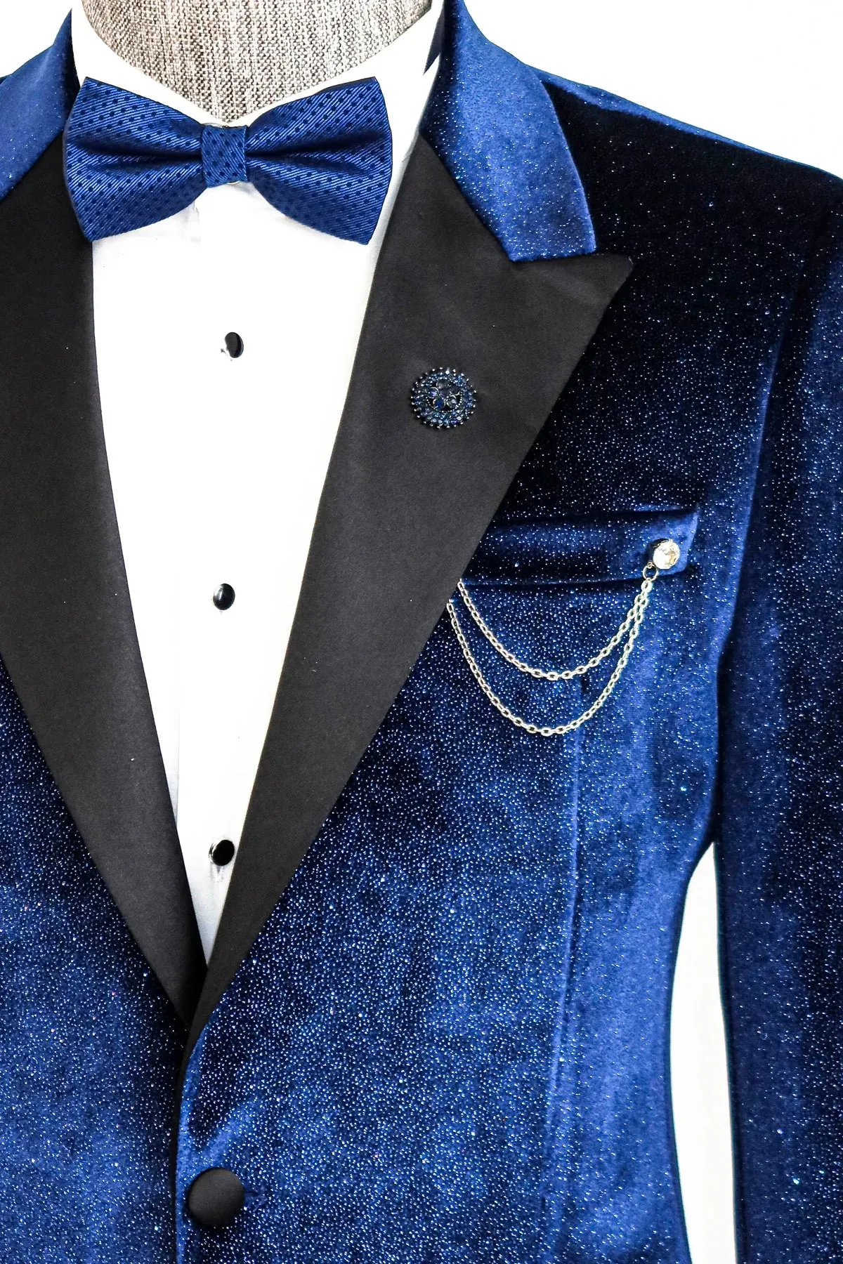 Glitter Midnight Velvet Prom Blazer with Black Satin Lapel