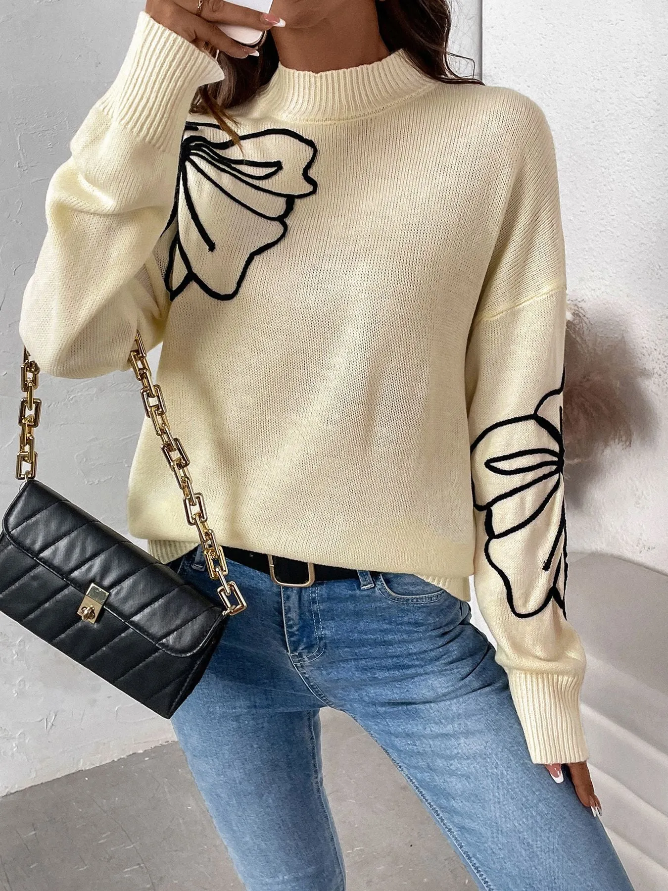 Half Turtleneck Flower Pattern Sweater Women