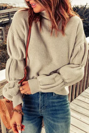 High Neck Drop Shoulder Rib Knit Sweater