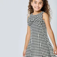 Houndstooth Flare Dress w/Double Bow