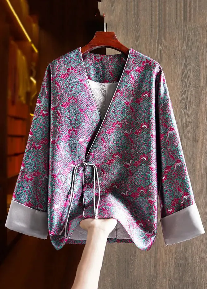 Jacquard Green V Neck Chinese Button Patchwork Silk Coats Long Sleeve ML1407