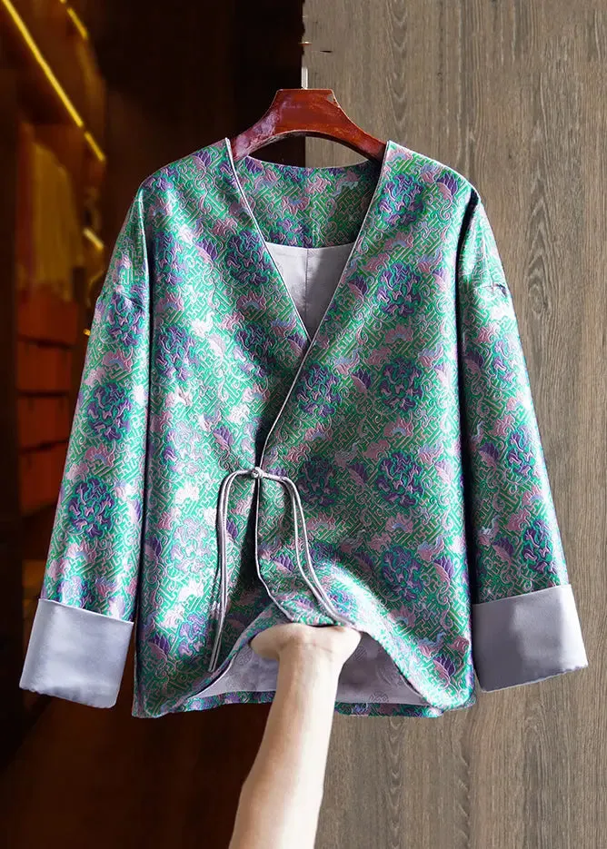 Jacquard Green V Neck Chinese Button Patchwork Silk Coats Long Sleeve ML1407