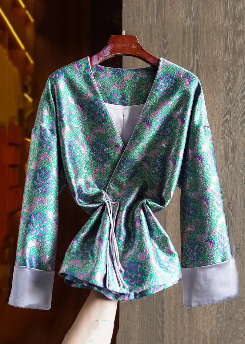 Jacquard Green V Neck Chinese Button Patchwork Silk Coats Long Sleeve ML1407