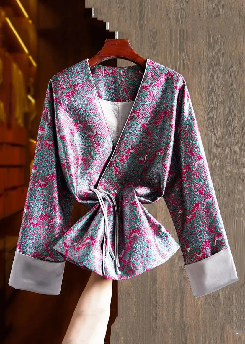 Jacquard Green V Neck Chinese Button Patchwork Silk Coats Long Sleeve ML1407