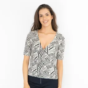 Karen Millen Black & White Geo Print V-Neckline Short Sleeve Tops