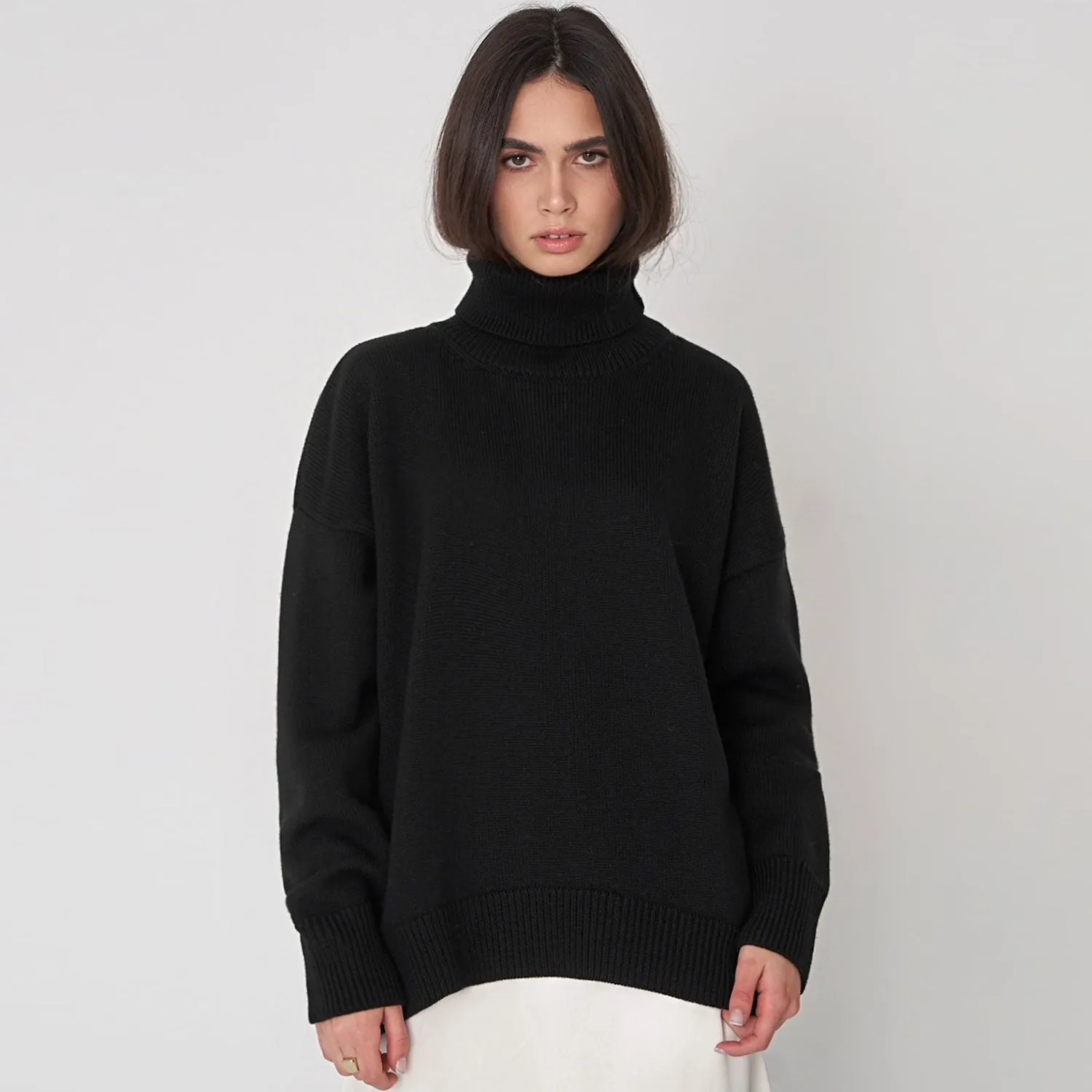 Leisure Turtleneck Long Sleeve Oversized Rib Knit High Low Pullover Sweater