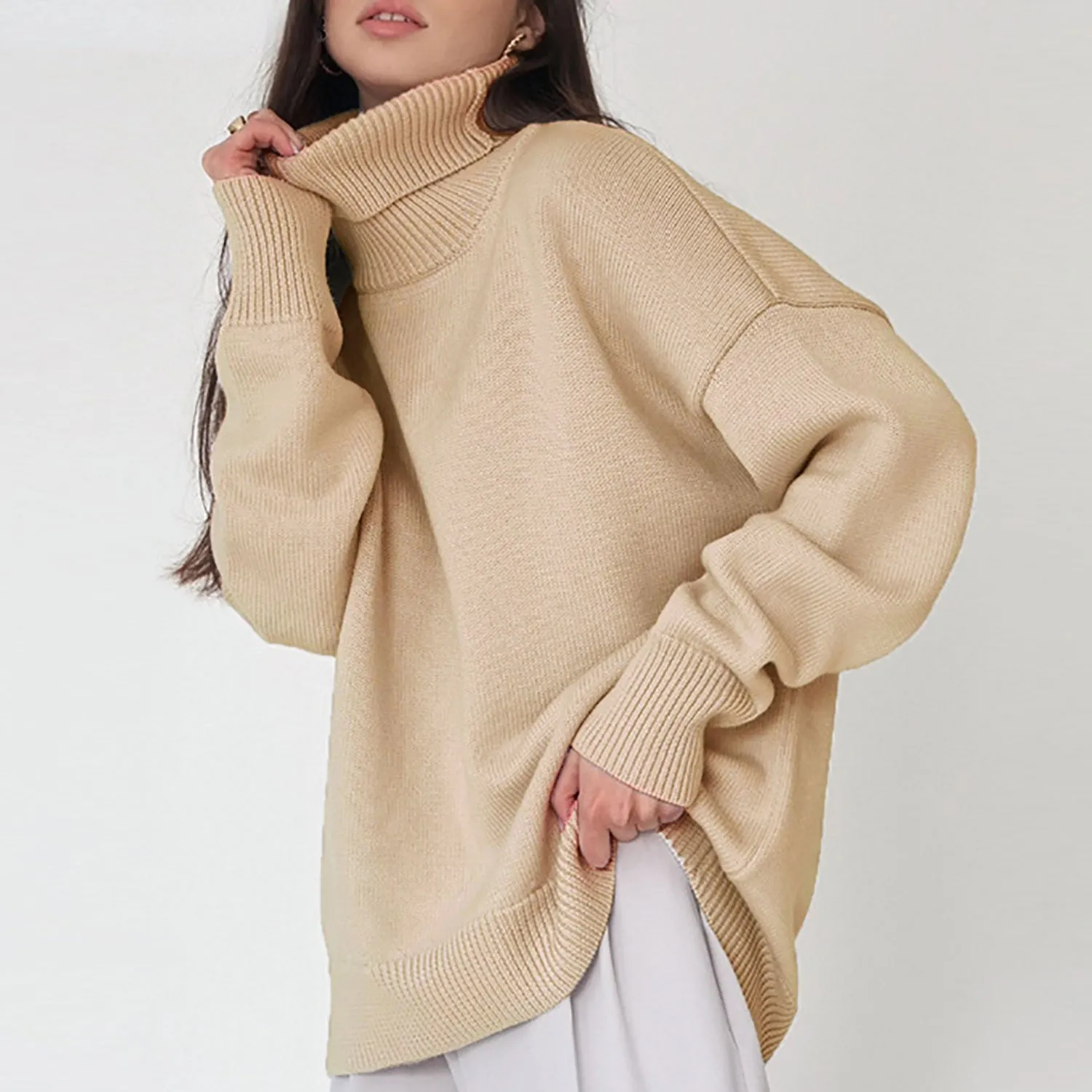 Leisure Turtleneck Long Sleeve Oversized Rib Knit High Low Pullover Sweater