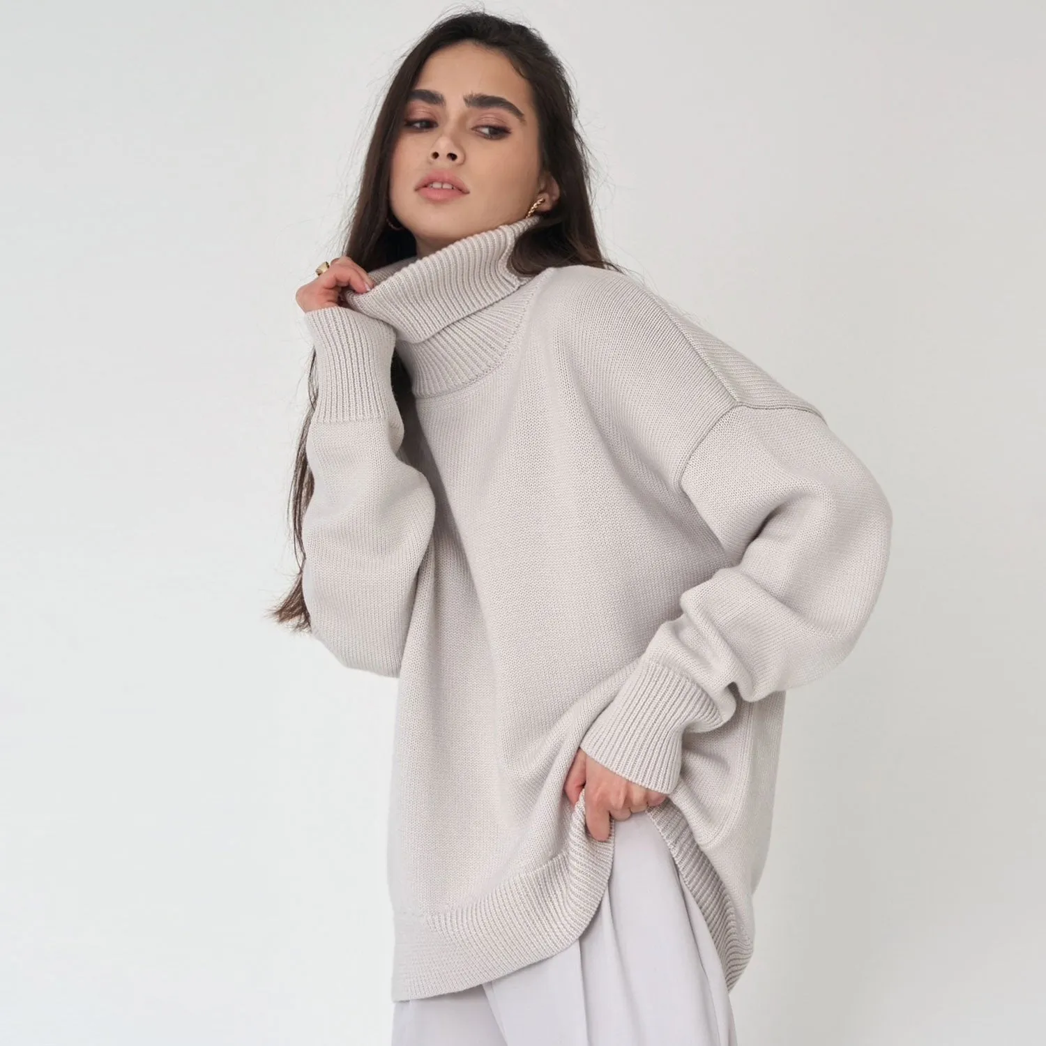 Leisure Turtleneck Long Sleeve Oversized Rib Knit High Low Pullover Sweater