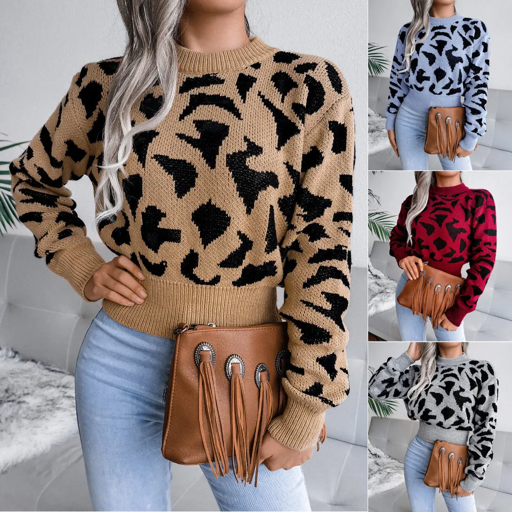 Leopard Print Waist Knit Mock Neck Lady Sweater